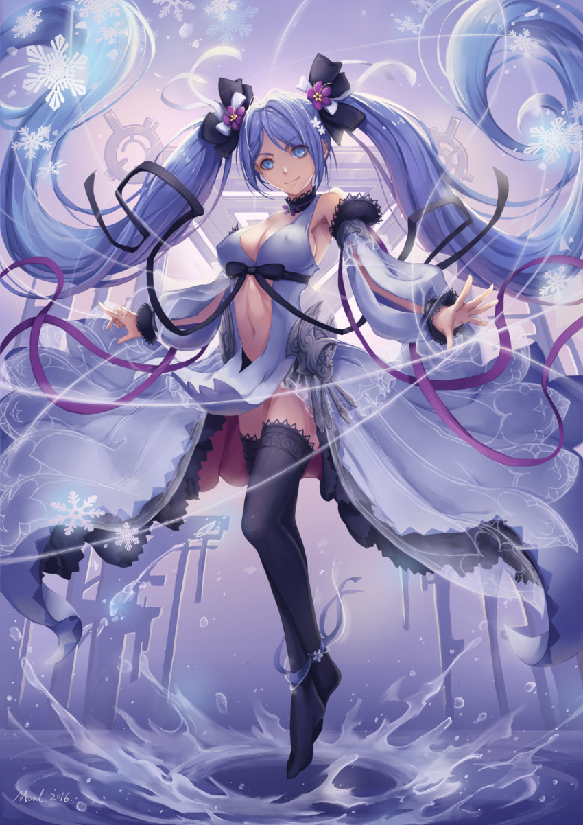 1girl 2016 artist_name black_legwear blue_eyes blue_hair covered_nipples detached_sleeves floating_hair full_body hatsune_miku highres lace lace-trimmed_thighhighs long_hair mool_yuegang navel snowflakes solo thigh-highs twintails very_long_hair vocaloid