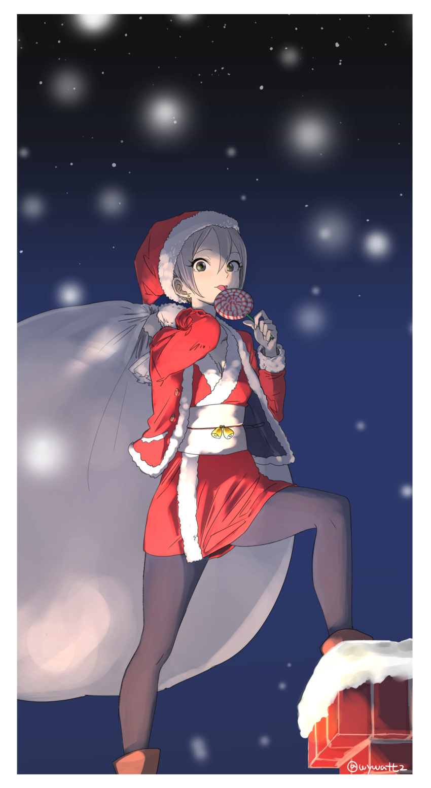 1girl candy chimney highres light looking_at_viewer night night_sky rooftop santa_costume sky snowing watanukin_(etson122127)
