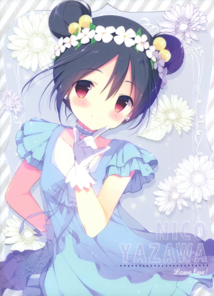 1girl \m/ absurdres alternate_hairstyle black_hair blue_dress character_name choker closed_mouth collarbone copyright_name diagonal_stripes double_bun dress floral_background frilled_choker frills gloves hair_between_eyes hand_on_hip head_wreath highres looking_at_viewer love_live!_school_idol_project pearl_earrings red_eyes shiratama_(shiratamaco) short_hair smile solo white_gloves yazawa_nico