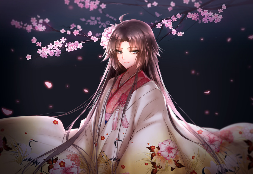 ahoge bangs bird_print black_background blue_eyes brown_hair closed_mouth fate/grand_order fate_(series) floral_print japanese_clothes kimono lips long_hair long_sleeves meaomao parted_bangs plant ryougi_shiki simple_background smile striped tassel tree tree_branch upper_body vertical_stripes wide_sleeves