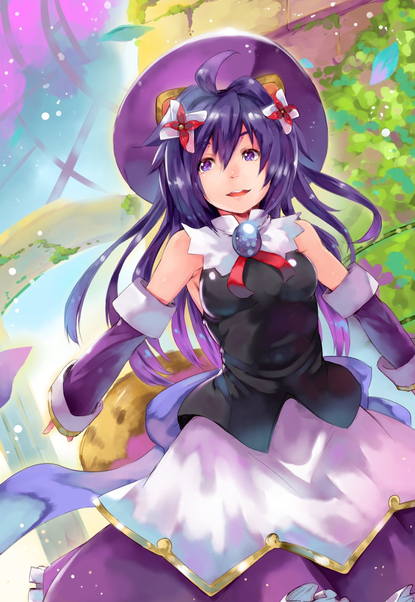 1girl ancient animal_ears armpits bare_shoulders blue_hair blush bow brick_wall denizen_tomo extra_ears hat highres jewelry long_hair matsuhime_mujina raccoon_ears raccoon_tail shinrabanshou small_breasts smile solo standing tail tree_shade violet_eyes