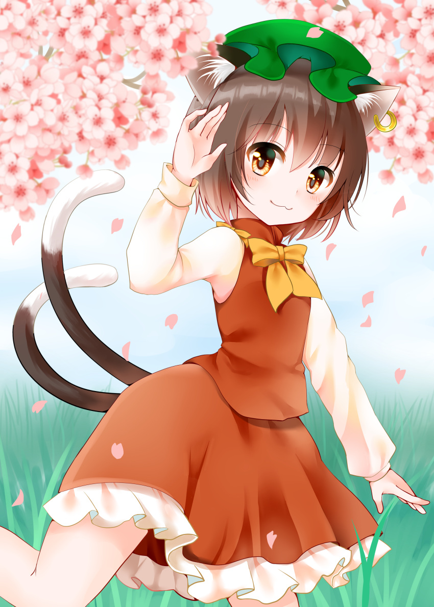 1girl :3 absurdres animal_ears blurry blush brown_hair cat_ears cat_tail chen cherry_blossoms frilled_skirt frills hat highres jewelry looking_at_viewer mob_cap multiple_tails orange_eyes petals puffy_sleeves shirt short_hair short_sleeves single_earring skirt skirt_set solo tail touhou vest yuzucha_(sora-neko)