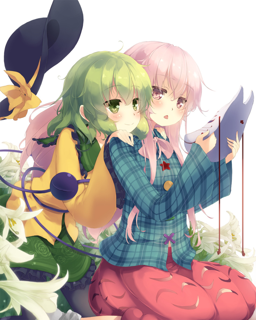 2girls black_legwear bow bubble_skirt face_mask floral_print flower fox_mask gengetsu_chihiro green_eyes green_hair hands_on_another's_shoulders hat hat_bow hat_removed hata_no_kokoro headwear_removed highres kneeling komeiji_koishi lily_(flower) long_hair long_sleeves mask mask_removed multiple_girls open_mouth pantyhose pink_eyes pink_hair see-through shirt sitting skirt smile third_eye touhou very_long_hair wariza wide_sleeves