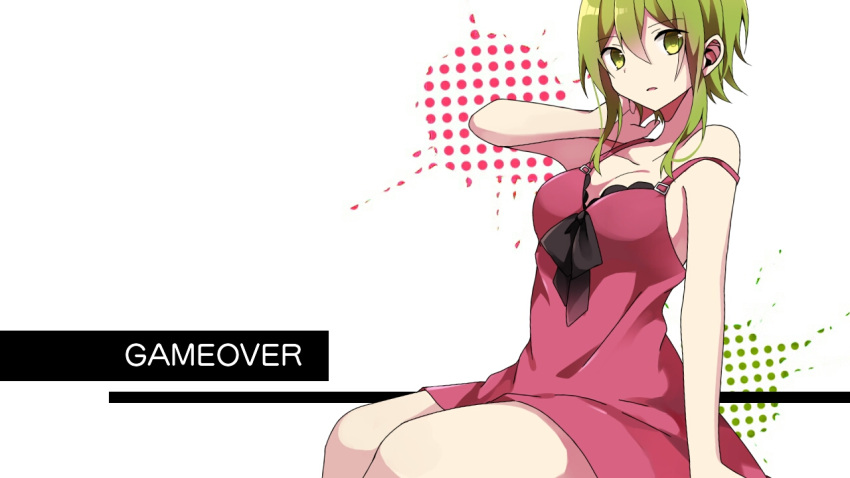 1girl :o arm_up bare_shoulders black_bow blush bow breasts cleavage dress english green_eyes green_hair gumi hazakura_chikori large_breasts looking_at_viewer off_shoulder open_mouth red_dress short_hair simple_background sitting sleeveless sleeveless_dress solo thighs vocaloid white_background