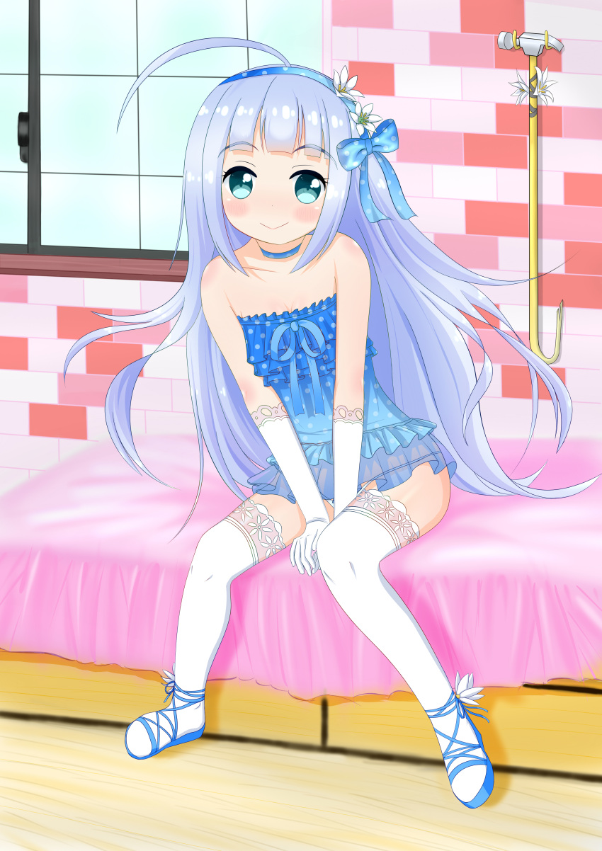 1girl absurdres ahoge bangs between_legs blue_bow blue_eyes blue_shoes blunt_bangs blush bow choker elbow_gloves emm0514 flower flower_knight_girl gloves hair_flower hair_ornament hammer hand_between_legs headband highres indoors long_hair looking_at_viewer on_bed rain_lily_(flower_knight_girl) shoes silver_hair sitting smile solo white_gloves white_legwear window