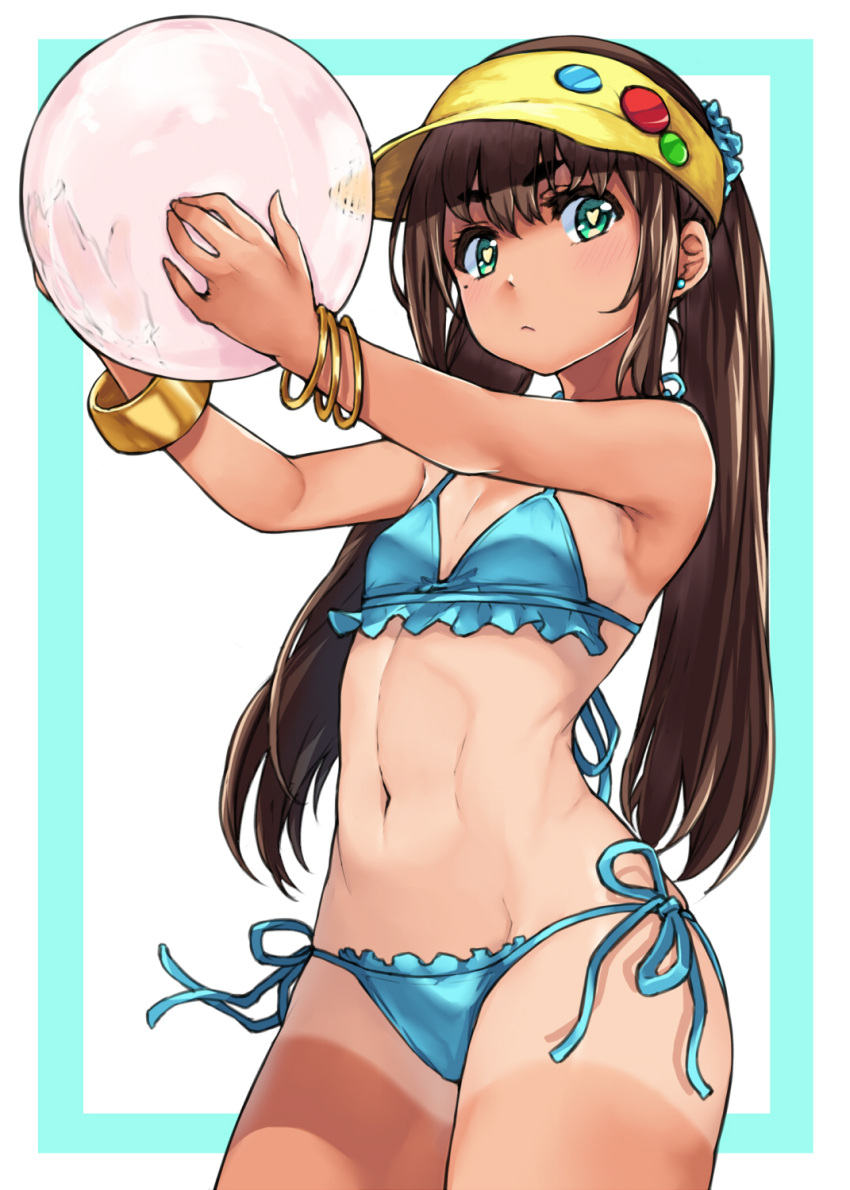 1girl armpits ball beachball bikini blue_bikini blue_ribbon border bracelet brown_hair closed_mouth dark_skin eyebrows flat_chest green_eyes hai_ookami heart heart-shaped_pupils highres holding_ball jewelry long_hair looking_at_viewer low_twintails midriff navel one-piece_tan original outstretched_arms ribbon side-tie_bikini simple_background solo standing stomach swimsuit symbol-shaped_pupils tan tanline thick_eyebrows twintails very_long_hair white_background