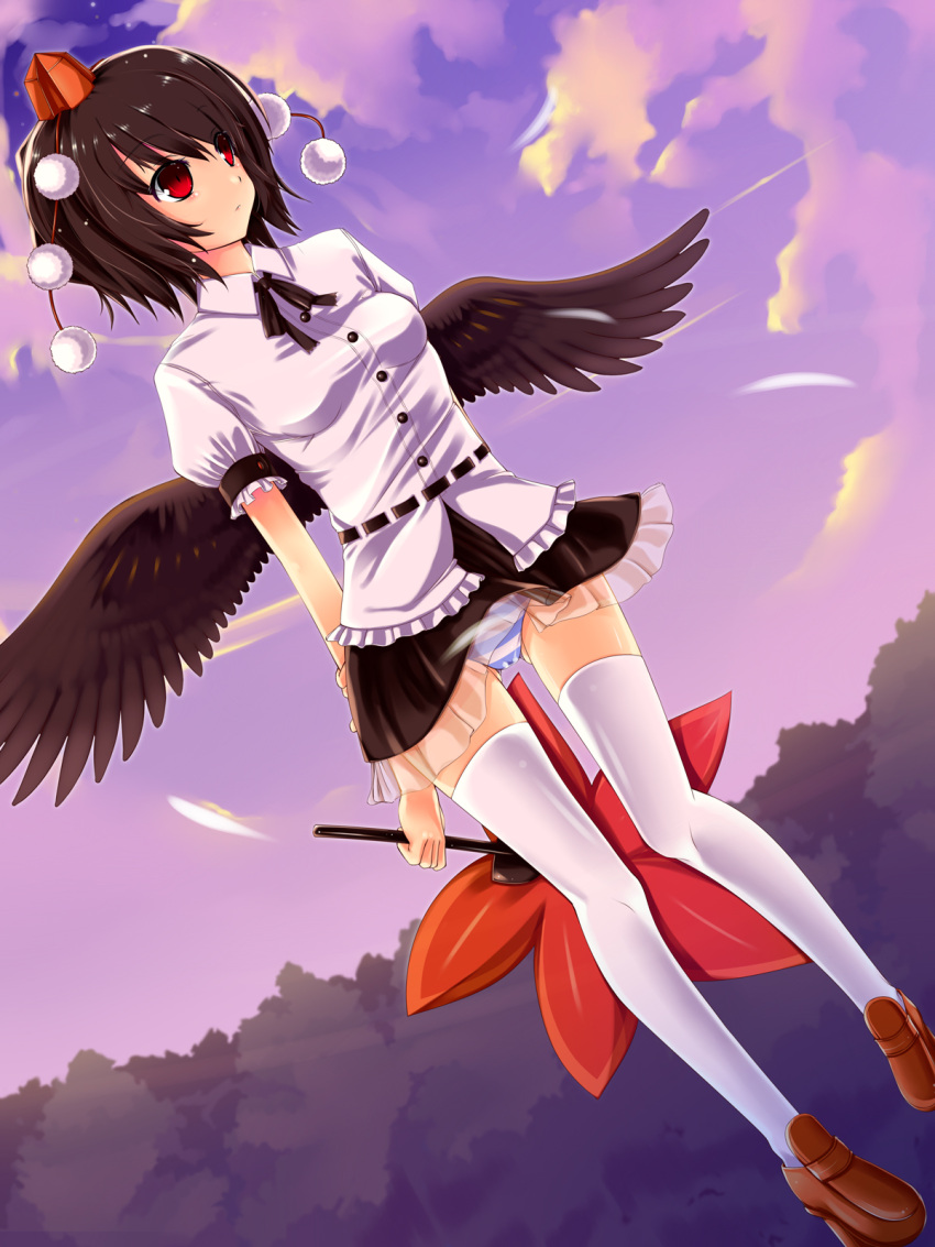 black_hair black_wings fan geta hat highres mokuba_(adamsmith) mokuba_(artist) panties red_eyes shameimaru_aya short_hair skirt skirt_lift solo striped striped_panties tengu-geta thigh-highs thighhighs tokin_hat touhou underwear upskirt wind_lift wings