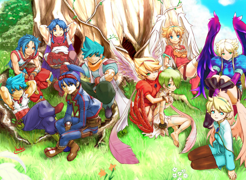 armor barefoot black_wings blonde_hair blue_eyes blue_hair breath_of_fire breath_of_fire_i breath_of_fire_ii breath_of_fire_iii breath_of_fire_iv breath_of_fire_v dress forest goggles green_eyes green_hair hairband hebimei_masayoshi hebina_masayoshi long_hair nature nina_(breath_of_fire_i) nina_(breath_of_fire_ii) nina_(breath_of_fire_iii) nina_(breath_of_fire_iv) nina_(breath_of_fire_v) nina_i nina_ii nina_iii nina_iv nina_v ryu_i ryu_ii ryu_iii ryu_iv ryu_v ryuu_(breath_of_fire_i) ryuu_(breath_of_fire_ii) ryuu_(breath_of_fire_iii) ryuu_(breath_of_fire_iv) ryuu_(breath_of_fire_v) short_hair wings