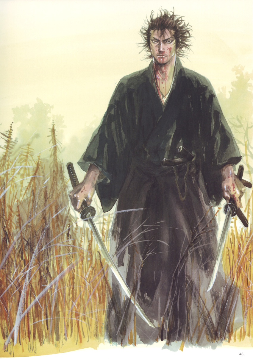 blood dual_wield dual_wielding highres katana miyamoto_musashi scan sword takehiko_inoue traditional_media vagabond wakizashi weapon