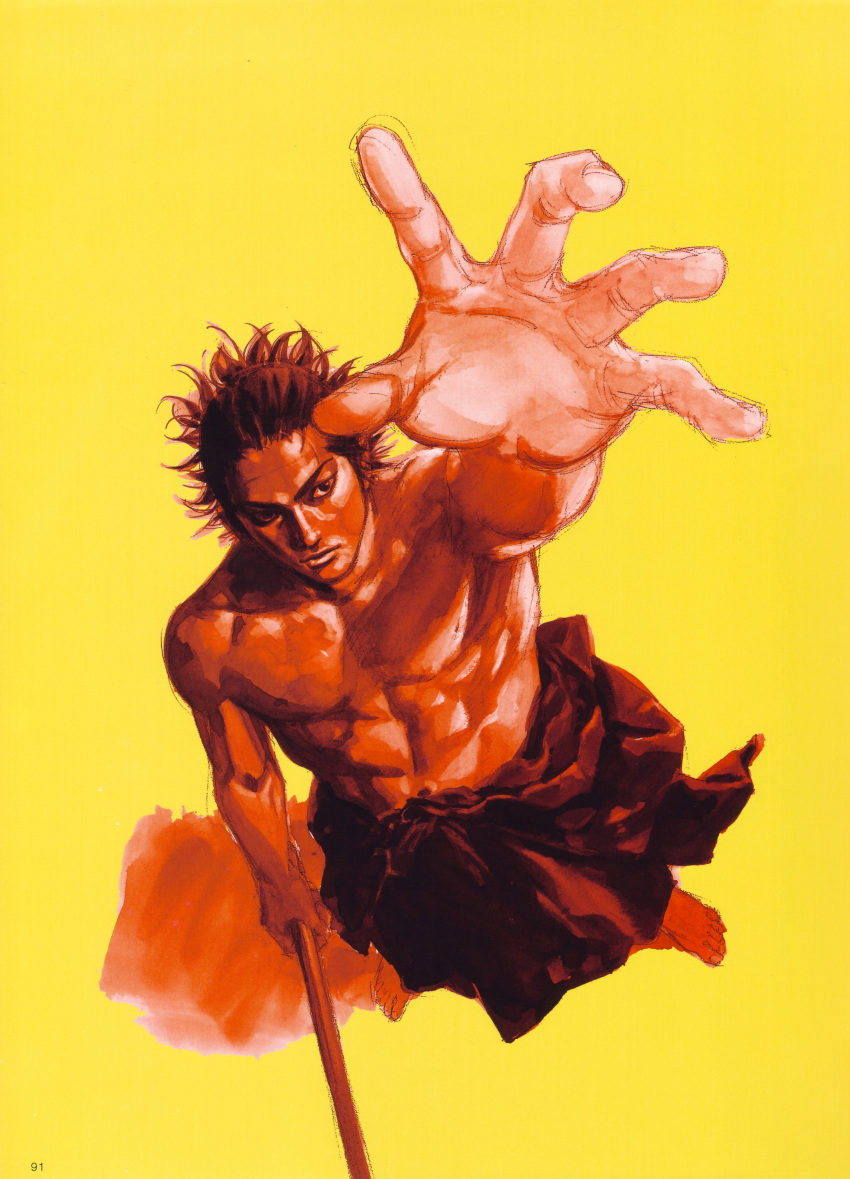 artbook foreshortening from_above hands highres male miyamoto_musashi muscle perspective scan sword takehiko_inoue vagabond weapon
