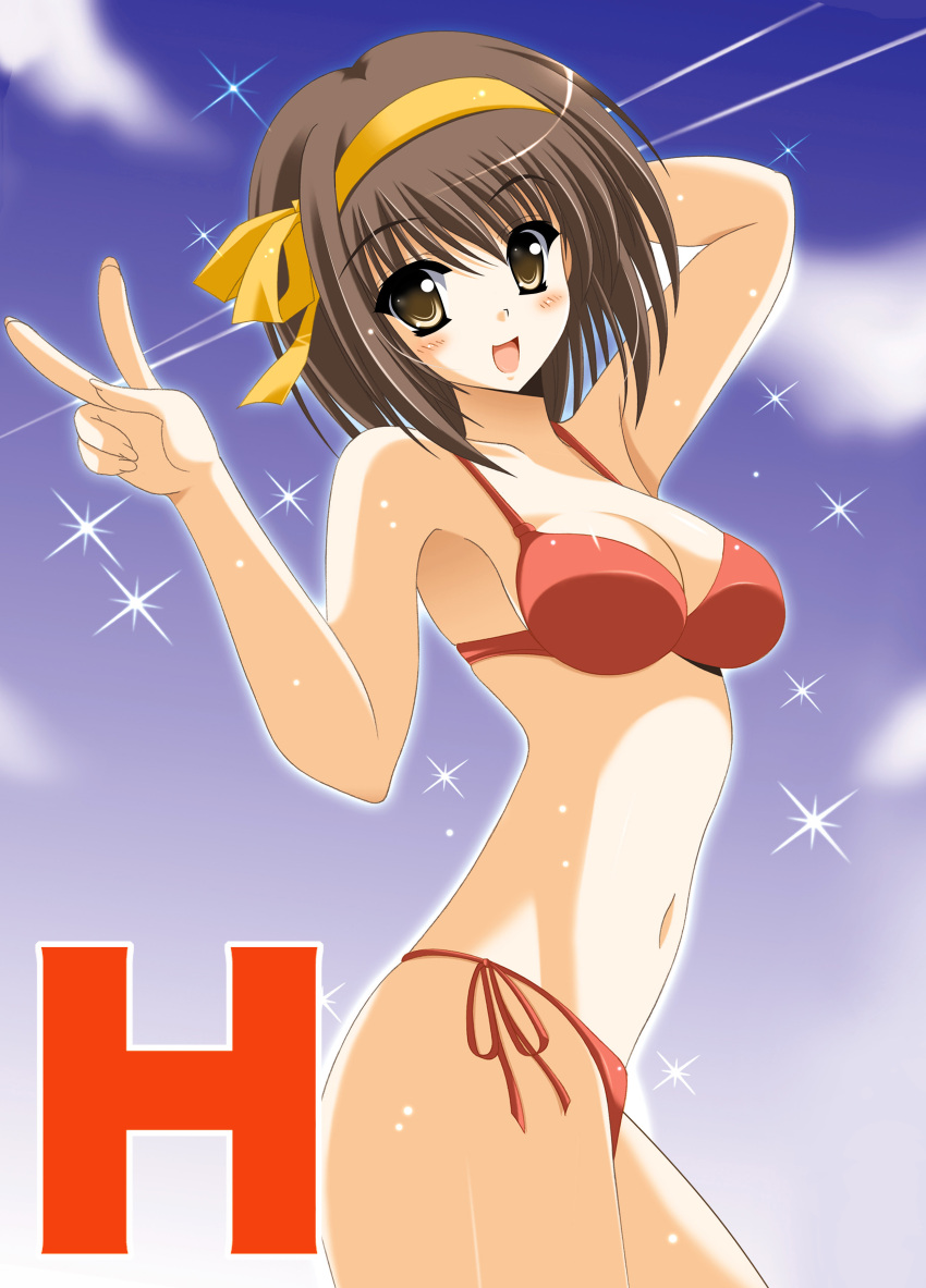 bikini brown_eyes brown_hair hairband highres oda_ken'ichi oda_kenichi short_hair side-tie_bikini sparkle suzumiya_haruhi suzumiya_haruhi_no_yuuutsu swimsuit v