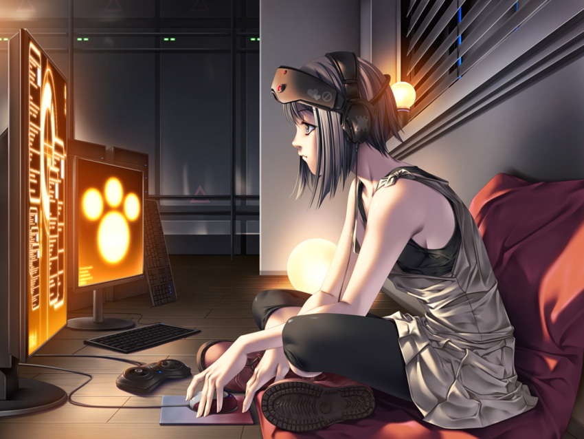boots computer computer_keyboard computer_mouse crossed_legs head_mounted_display indian_style instrument joystick keyboard monitor original profile rezi short_hair silver_hair sitting wallpaper