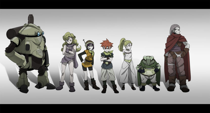 armor bike_shorts boots cape chrono_trigger crono frog ghost_in_the_shell ghost_in_the_shell_lineup ghost_in_the_shell_stand_alone_complex glasses gloves hand_on_hip headband helmet highres kaeru_(chrono_trigger) lineup lucca_ashtear magus marle parody pointy_ears ponytail robo robot yubidoriru