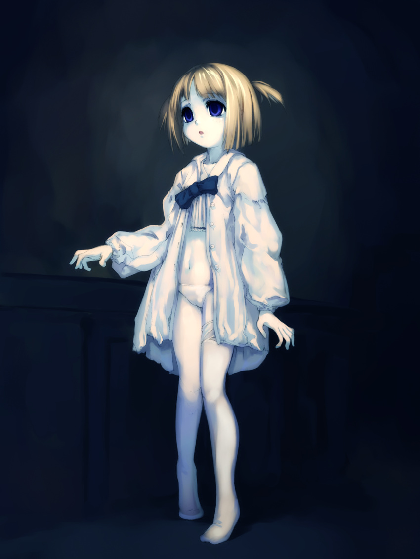 barefoot blonde_hair blue_eyes child empty_eyes highres hitomaru kneehighs loli one_thighhigh open_clothes open_shirt panties shirt short_hair short_twintails single_thighhigh socks thighhighs twintails underwear