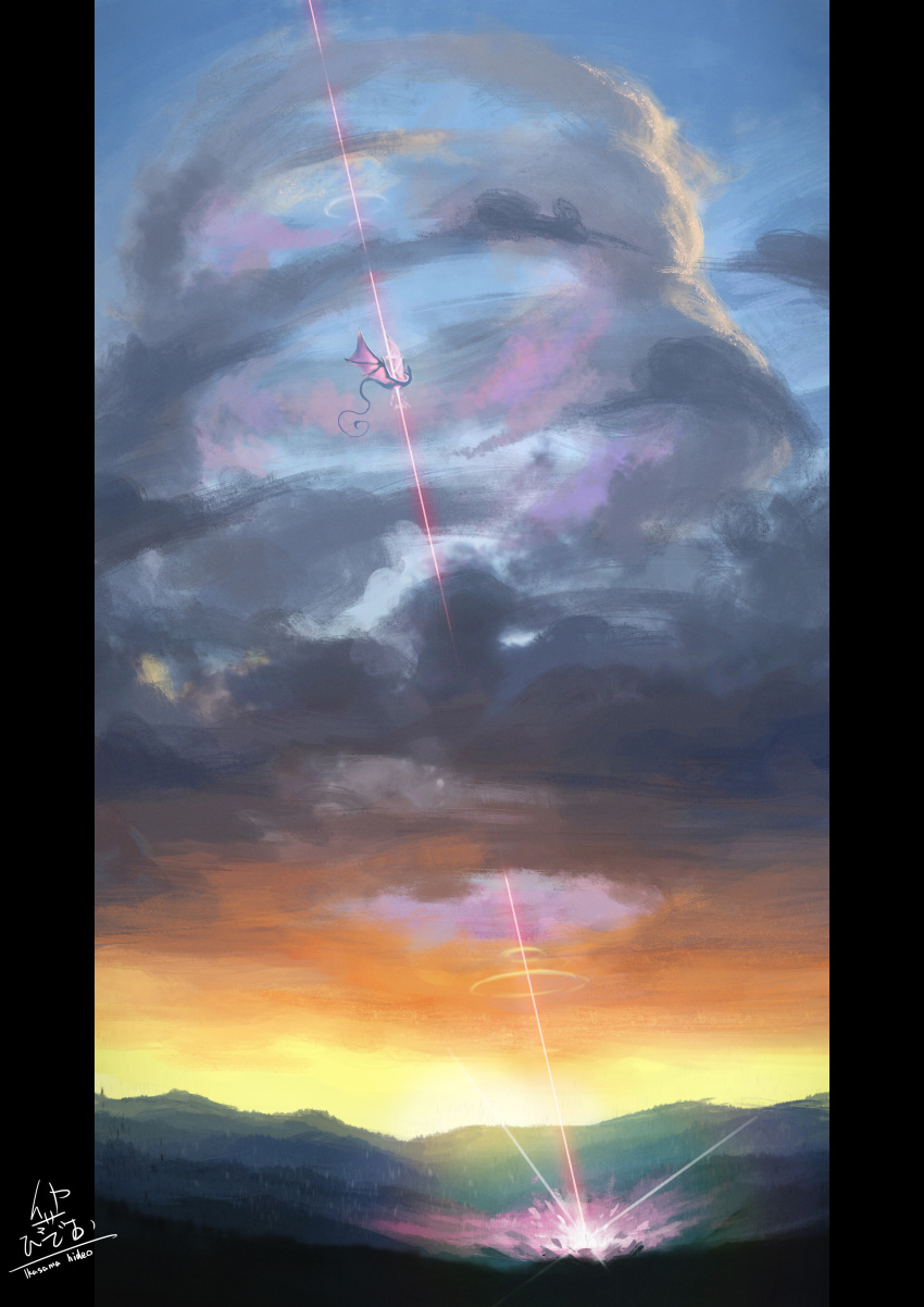 absurdres clouds cloudy_sky commentary_request dragon dragon_wings fantasy highres ikasamahideo mountain no_humans original scenery sky western_dragon wings