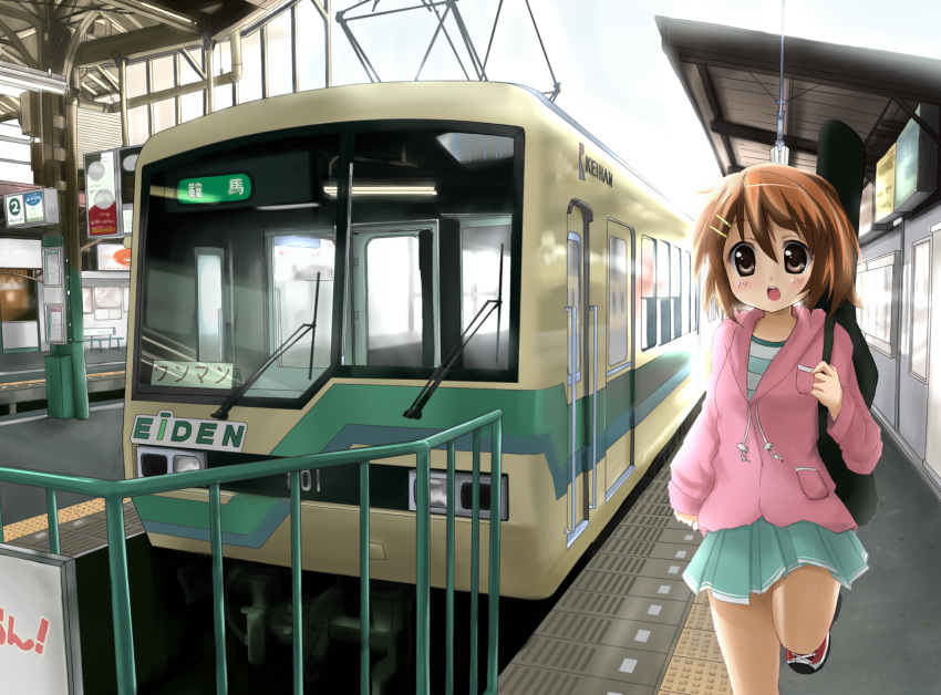 brown_hair guitar_case highres hirasawa_yui hoodie instrument_case k-on! karaage3 open_mouth real_world_location running solo train train_station