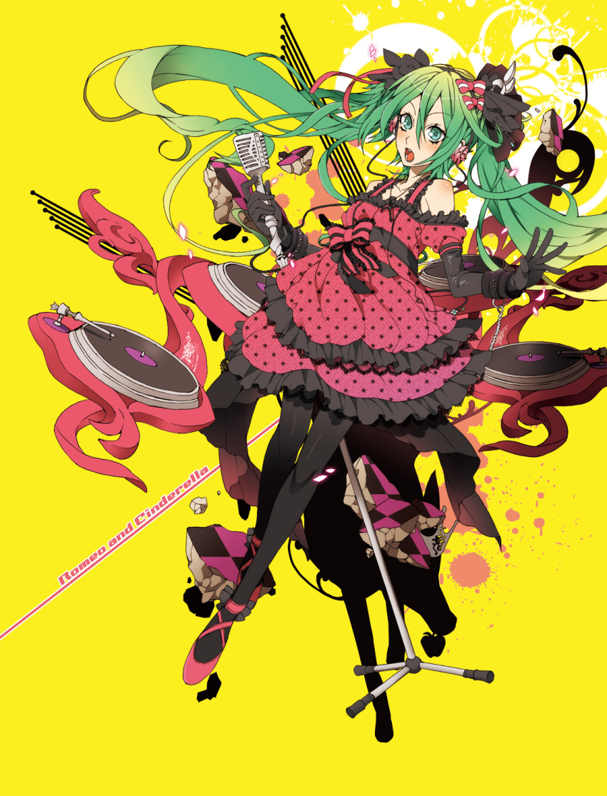 dress elbow_gloves flower gloves green_eyes green_hair hair_ribbon hatsune_miku headphones high_heels highres legs long_hair microphone microphone_stand open_mouth pantyhose petals ribbon romeo_and_cinderella_(vocaloid) romeo_to_cinderella_(vocaloid) rose sena_(mineruba) sena_(pixiv) shoes twintails vintage_microphone vocaloid
