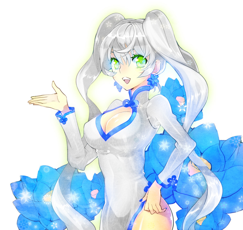 china_dress chinadress chinese_clothes cleavage cleavage_cutout earrings flower green_eyes jewelry long_hair mami nail_polish original silver_hair twintails