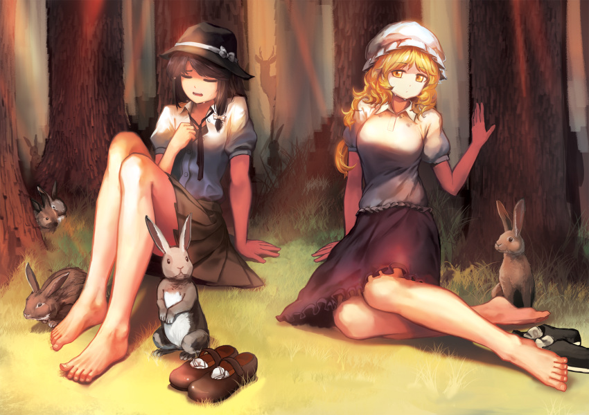 2girls animal barefoot black_necktie blonde_hair brown_hair brown_skirt closed_eyes closed_mouth collared_shirt forest full_body hand_on_own_chest hat highres hijiwryyyyy knees_up long_hair looking_at_viewer maribel_hearn mob_cap multiple_girls nature necktie open_mouth outdoors pleated_skirt puffy_short_sleeves puffy_sleeves purple_skirt rabbit shirt shoes_removed short_hair short_sleeves sitting skirt toes touhou usami_renko white_hat white_shirt wing_collar yellow_eyes yokozuwari