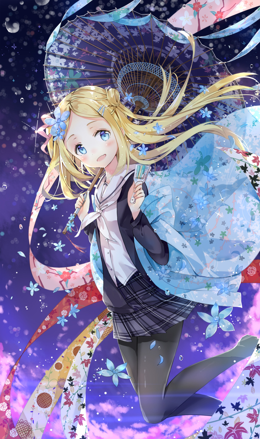 1girl :d absurdres black_legwear blonde_hair blue_background blue_eyes blue_flower blurry blush bokeh depth_of_field dress_shirt eyelashes fang fangs floating_hair floral_print hair_bun hair_ornament hairclip hana_n_fountainstand hanayamata haori highres holding holding_umbrella hoshi_ame jacket japanese_clothes leaf_print lens_flare long_hair long_sleeves looking_at_viewer miniskirt naruko_(instrument) off_shoulder open_clothes open_jacket open_mouth oriental_umbrella pantyhose petals plaid plaid_skirt pleated_skirt rose_print school_uniform serafuku shade shirt skirt smile solo sunflower_print tassel umbrella water