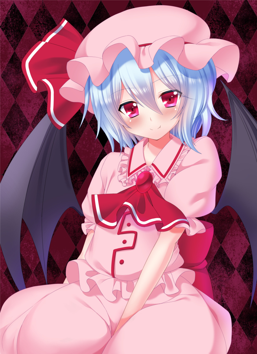 1girl ascot bangs bat_wings blue_hair blush bow checkered checkered_background dress frilled_shirt frilled_shirt_collar frills hair_between_eyes hat hat_ribbon highres looking_at_viewer mob_cap muraji0419 pink_dress puffy_short_sleeves puffy_sleeves red_eyes remilia_scarlet ribbon shirt short_hair short_sleeves smile solo touhou wings