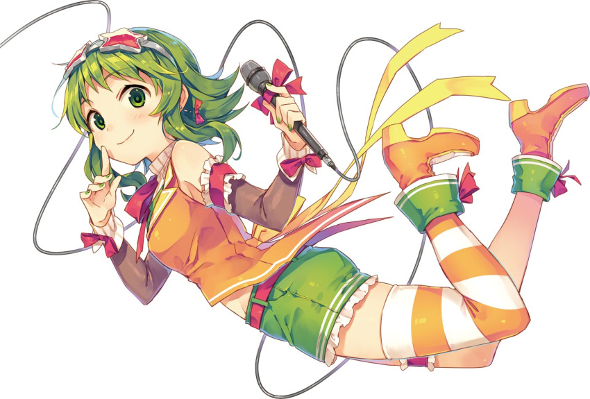 1girl album_cover bow cable cover full_body goggles goggles_on_head green_eyes green_hair gumi holding_microphone microphone natsu_natsuna ribbon short_hair_with_long_locks shorts smile solo star-shaped_glasses striped striped_legwear vocaloid white_background wrist_ribbon