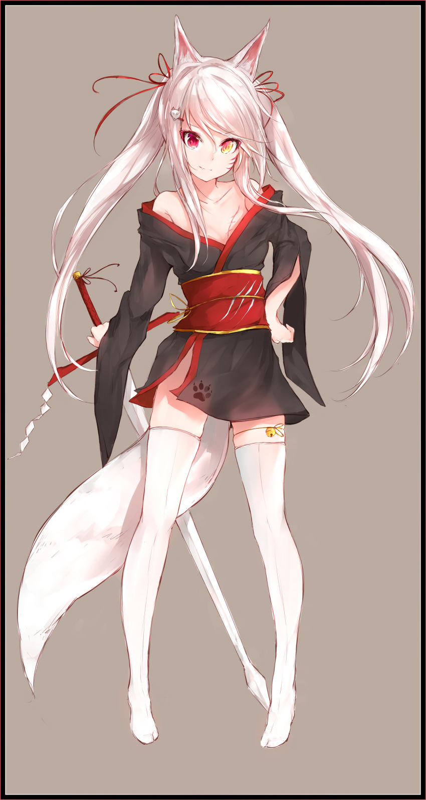 1girl absurdres animal_ears bare_shoulders bell black_border border brown_background closed_mouth collarbone fox_ears fox_tail hair_ornament hair_ribbon hairclip heterochromia highres holding holding_sword holding_weapon jingle_bell long_hair long_sleeves looking_at_viewer off_shoulder red_eyes red_ribbon ribbon sash scar side_slit silver_(chenwen) silver_hair simple_background sketch small_breasts smile solo sword tail thigh-highs twintails unsheathed very_long_hair weapon whisker_markings white_legwear wide_sleeves yellow_eyes