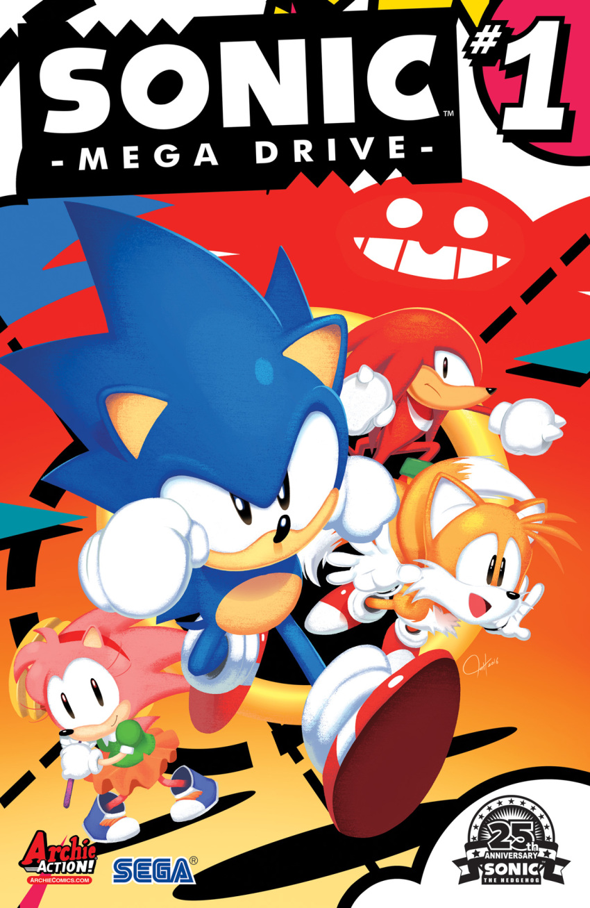 1girl 3boys amy_rose archie_comics company_name cover dr._eggman dress gloves highres knuckles_the_echidna miles_prower multiple_boys official_art piko_piko_hammer sega shoes sonic sonic_the_hedgehog title tyson_hesse