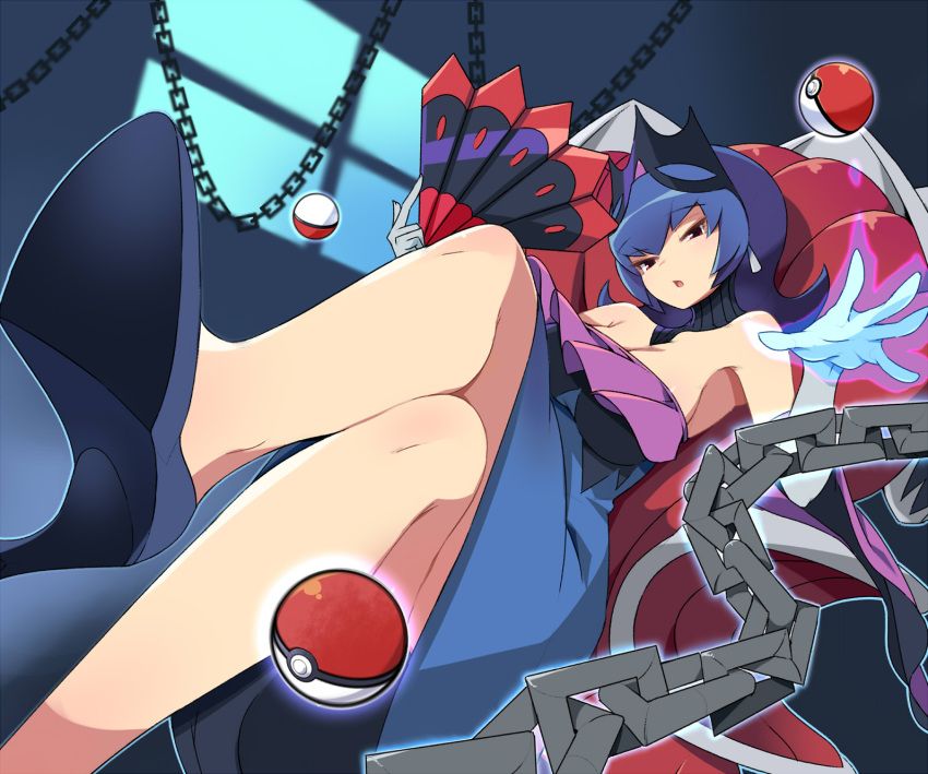 1girl alternate_costume blue_hair breasts chain chair cleavage crossed_legs dress earrings elbow_gloves fan gloves glowing glowing_hand high_heels highres jewelry large_breasts long_hair natsume_(pokemon) open_mouth poke_ball pokemon pokemon_(game) pokemon_bw2 sitting solo telekinesis tiara tm_(hanamakisan) violet_eyes white_gloves