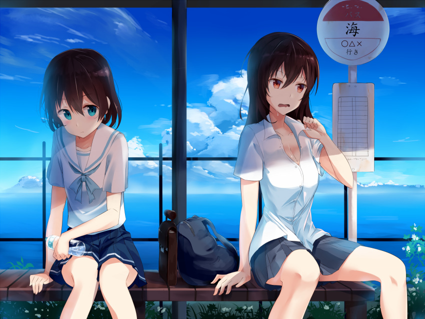 2girls arm_at_side artist_request backpack backpack_removed bag bare_legs blue_bow blue_bowtie blue_eyes blue_skirt blue_sky bottle bow bowtie breasts brown_hair buckle buttons cleavage closed_mouth clouds collarbone day highres holding_bottle horizon hot large_breasts leaning_forward looking_afar looking_at_viewer multiple_girls ocean open_mouth original outdoors pleated_skirt road_sign school_briefcase school_uniform serafuku shirt short_hair short_sleeves sign sitting skirt sky summer sweatdrop water water_bottle wavy_mouth white_shirt wing_collar