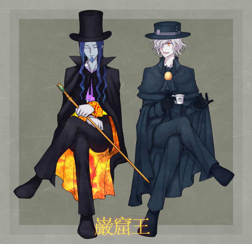 absurdres black_gloves black_shoes blue_hair cane cape cds06 coffee_cup count_of_monte_cristo cup edmond_dantes_(fate/grand_order) facial_hair fate/grand_order fate_(series) formal gankutsuou gloves goatee hair_over_one_eye hat highres invisible_chair orange_eyes pointy_ears shoes sitting suit teacup top_hat wavy_hair white_hair yellow_eyes