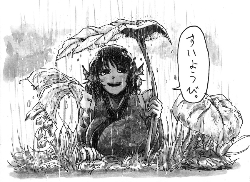 1girl breasts clouds grass irony japanese_clothes kimono koyubi_(littlefinger1988) large_breasts lily_pad long_sleeves looking_at_viewer monochrome open_mouth rain short_hair smile solo touhou wakasagihime