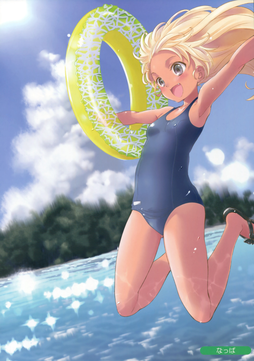1girl :d absurdres armpits artist_name blonde_hair blue_eyes blush clouds collarbone dark_skin fang highres innertube long_hair melonbooks natsupa open_mouth outdoors outstretched_arms sandals school_swimsuit small_breasts smile solo sparkle spread_arms swimsuit water