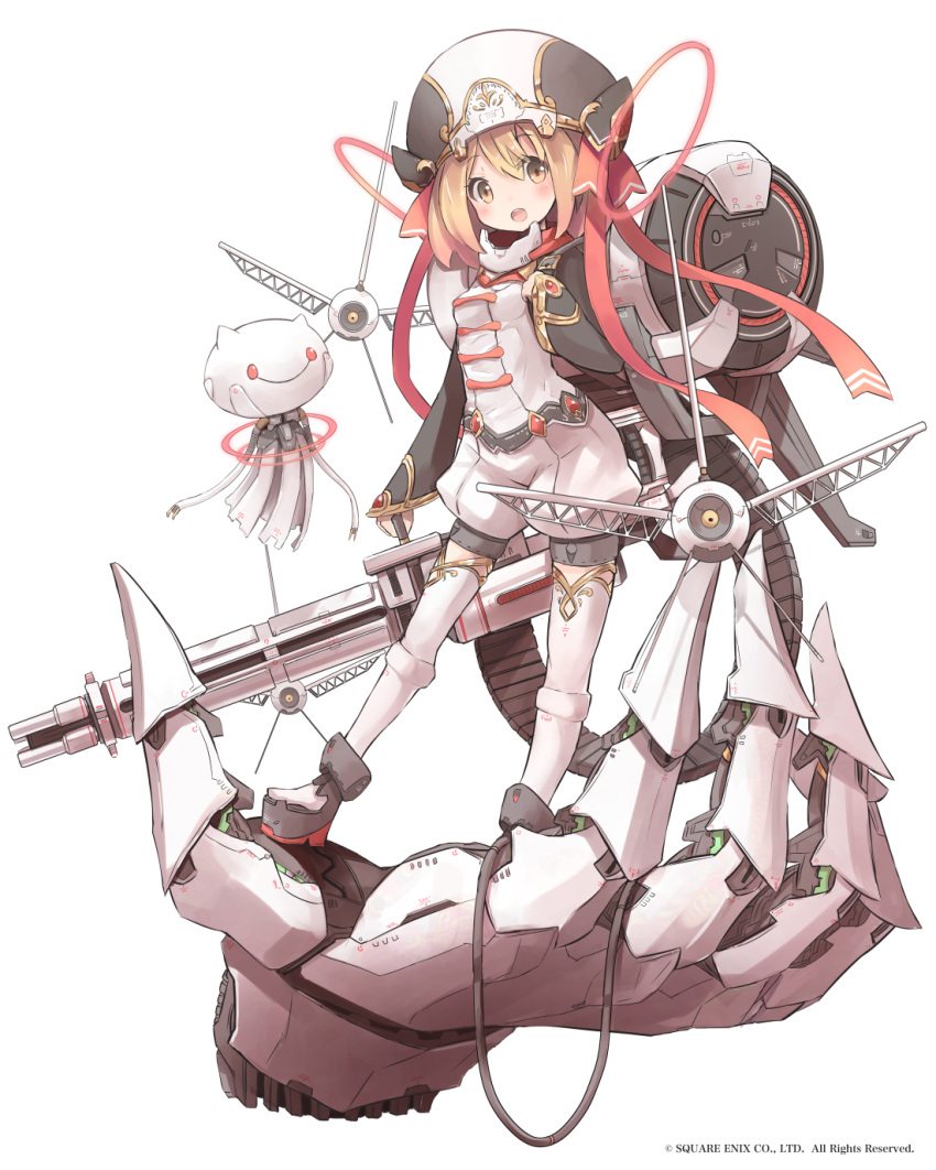 1girl baggy_shorts blonde_hair boots chain_gun giant_hand gun hat highres long_sleeves looking_at_viewer machinery mechanical_halo nanashina open_mouth puffy_shorts ribbon robot science_fiction short_hair shorts simple_background solo square_enix thigh-highs weapon white_background white_legwear yellow_eyes