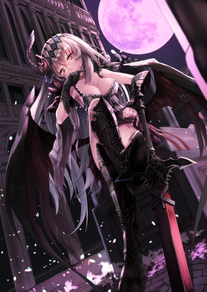 1girl arm_guards armor armored_boots armpits bare_shoulders black_boots black_gloves blonde_hair boots breasts broken_pillar building camisole circle cleavage closed_mouth crossed_legs dark dark_jeanne dutch_angle feathers full_moon gloves granblue_fantasy hair_feathers hand_on_own_face head_tilt highres jeanne_d'arc_(granblue_fantasy) knee_boots large_breasts lips long_hair looking_at_viewer mismatched_armwear moon night pillar pink_moon saraki shoulder_pads sitting smile solo sword very_long_hair violet_eyes weapon