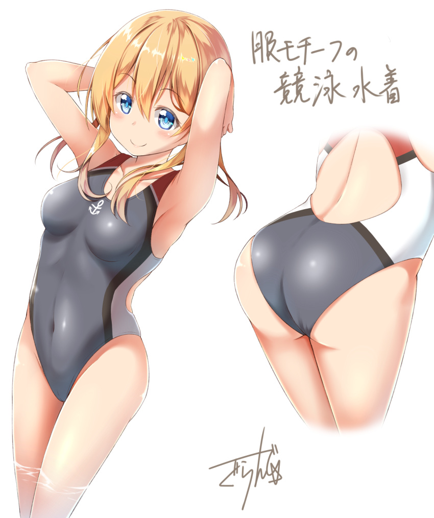 1girl adapted_costume ass blonde_hair blue_eyes breasts competition_swimsuit covered_navel gurande_(g-size) highres kantai_collection one-piece_swimsuit prinz_eugen_(kantai_collection) solo swimsuit turnaround twintails