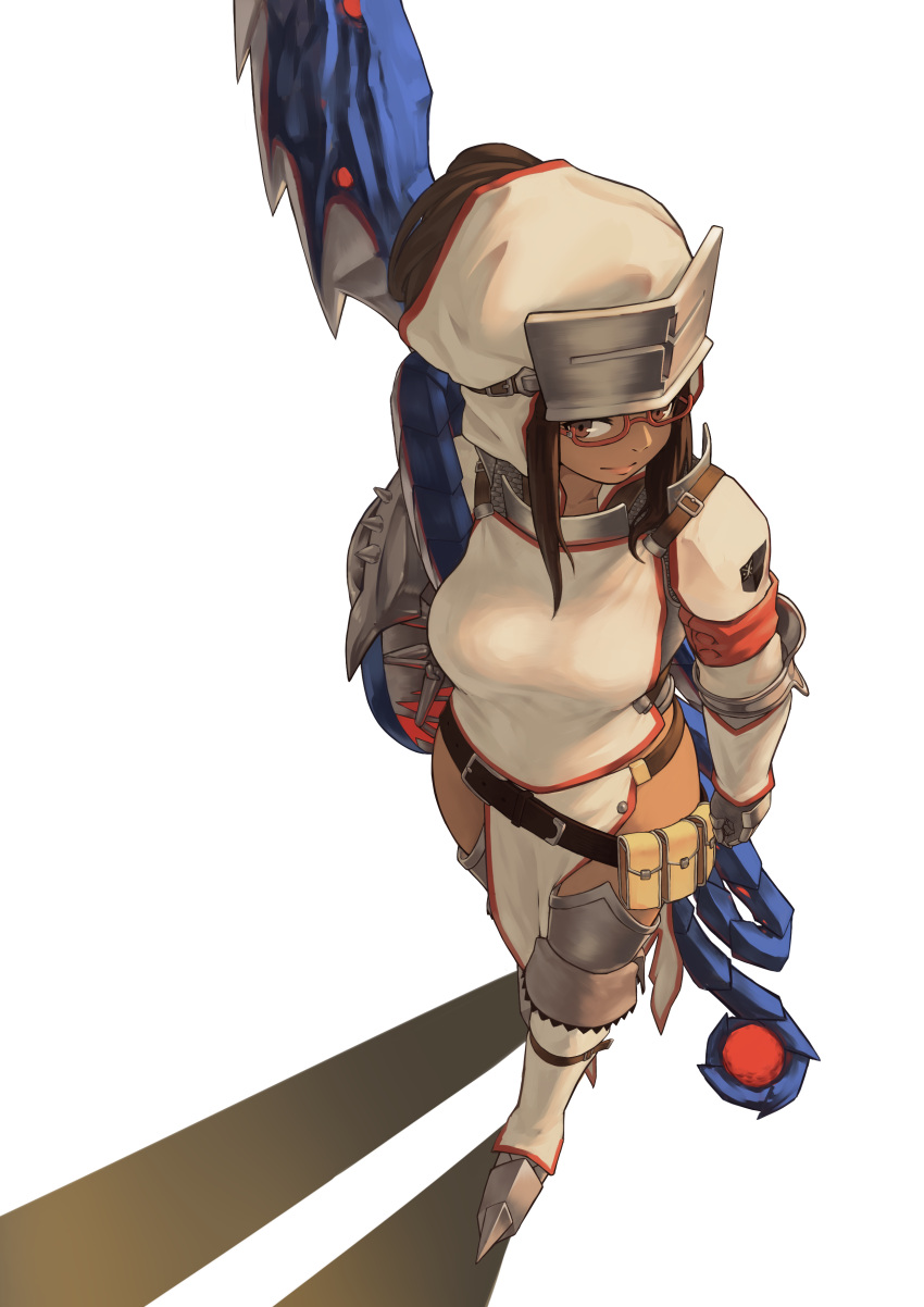 1girl absurdres belt breasts brown_eyes brown_hair chainmail cowter from_above glasses gorget highres long_hair monster_hunter_x pouch shadow side_slit simple_background solo weapon white_background yan_wan