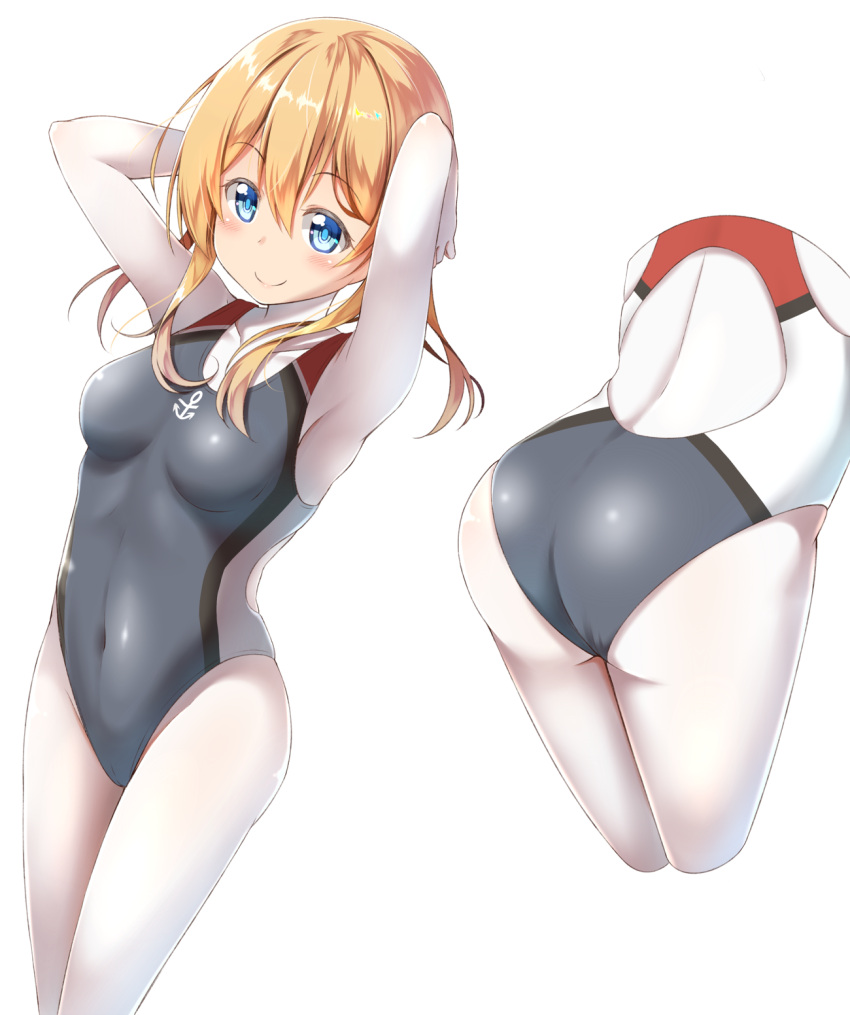 anchor_symbol arms_up ass blonde_hair blue_hair blush bodysuit breasts closed_mouth competition_swimsuit from_behind grey_swimsuit gurande_(g-size) highres kantai_collection legs_together looking_at_viewer low_twintails multiple_views one-piece_swimsuit prinz_eugen_(kantai_collection) short_hair simple_background skin_tight smile standing swimsuit twintails white_background