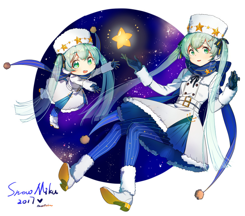 1girl 2017 arm_warmers artist_name belt belt_buckle black_gloves black_ribbon blue_eyes blue_hair blue_legwear blue_scarf blush buckle buttons chibi dual_persona earmuffs eyebrows eyebrows_visible_through_hair full_body fur_collar fur_trim gloves hair_ribbon hat hatsune_miku heart highres leg_warmers long_hair looking_at_viewer outstretched_arms pantyhose ribbon round_teeth scarf see-through skirt space star striped striped_legwear tareme tassel teeth twintails ushi_(newrein) vertical-striped_legwear vertical_stripes very_long_hair vocaloid white_coat white_hat white_skirt yuki_miku