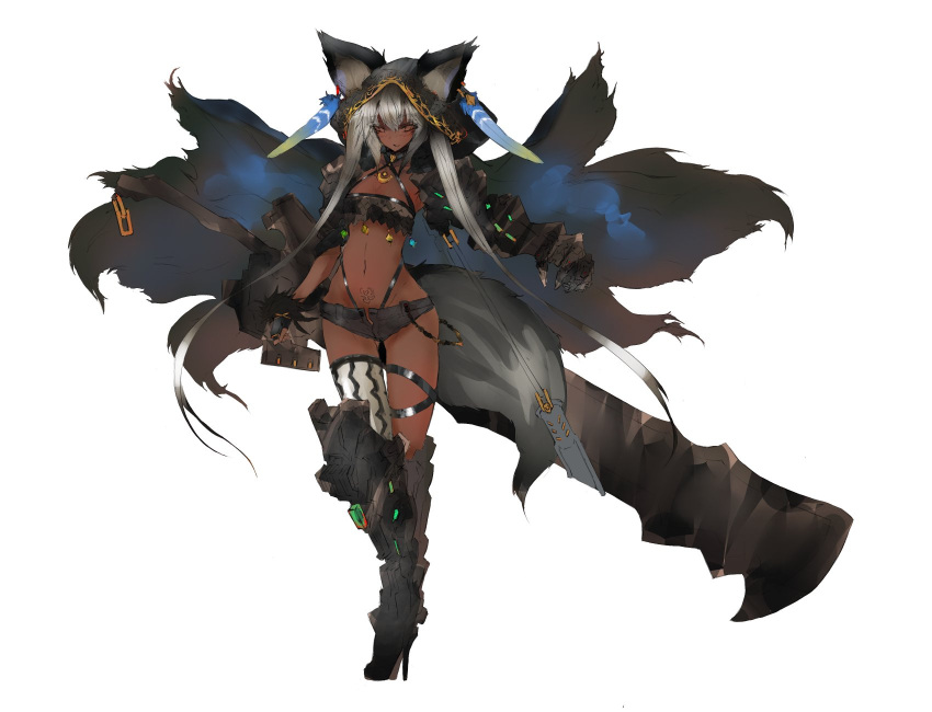 1girl animal_ears bandeau blush boots breasts cape cleavage commentary copyright_request crescent_moon dark_skin embroidery feathers fingerless_gloves fur_trim gloves gond halter_top halterneck high_heel_boots high_heels highres hood huge_weapon jewelry knee_boots long_hair looking_at_viewer moon navel necklace open_mouth short_shorts shorts sidelocks silver_hair single_gauntlet single_glove single_thighhigh solo standing stomach strapless sword tattoo thigh-highs thigh_gap thigh_strap thighs unzipped very_long_hair weapon white_background