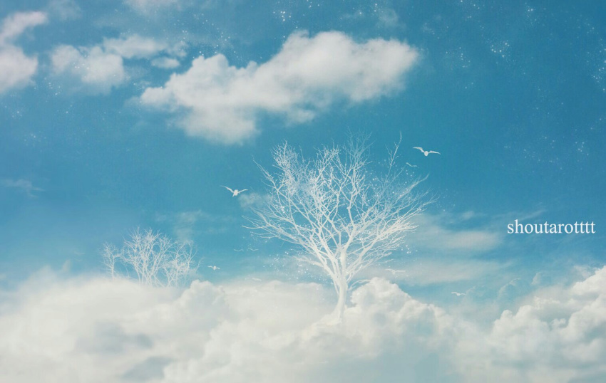 artist_name bird blue_sky clouds day light_particles no_humans original peaceful scenery shoutarou_(shoutarotttt) sky tree