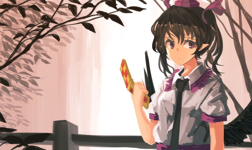 1girl akaiha_(akaihagusk) arm_at_side bangs black_necktie black_wings brown_hair cellphone collared_shirt expressionless hair_between_eyes hair_ribbon hand_up hat highres himekaidou_hatate looking_to_the_side necktie phone pointy_ears purple_skirt railing ribbon shiny shiny_hair shirt short_sleeves skirt solo tokin_hat touhou tree twintails violet_eyes water waterfall white_shirt wings