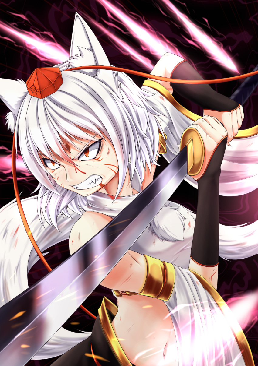 1girl adapted_costume alternate_eye_color angry animal_ears black_skirt blood blood_on_face blood_trail breasts clenched_teeth crop_top detached_sleeves determined energy facial_mark fangs fighting_stance gauntlets highres holding holding_sword holding_weapon injury inubashiri_momiji inyuppo looking_to_the_side navel orange_eyes pom_pom_(clothes) reflection serious shirt short_hair skirt sleeveless sleeveless_shirt slit_pupils solo sword tail teeth tokin_hair touhou turtleneck waist weapon white_hair white_shirt wide_sleeves wolf_ears wolf_tail