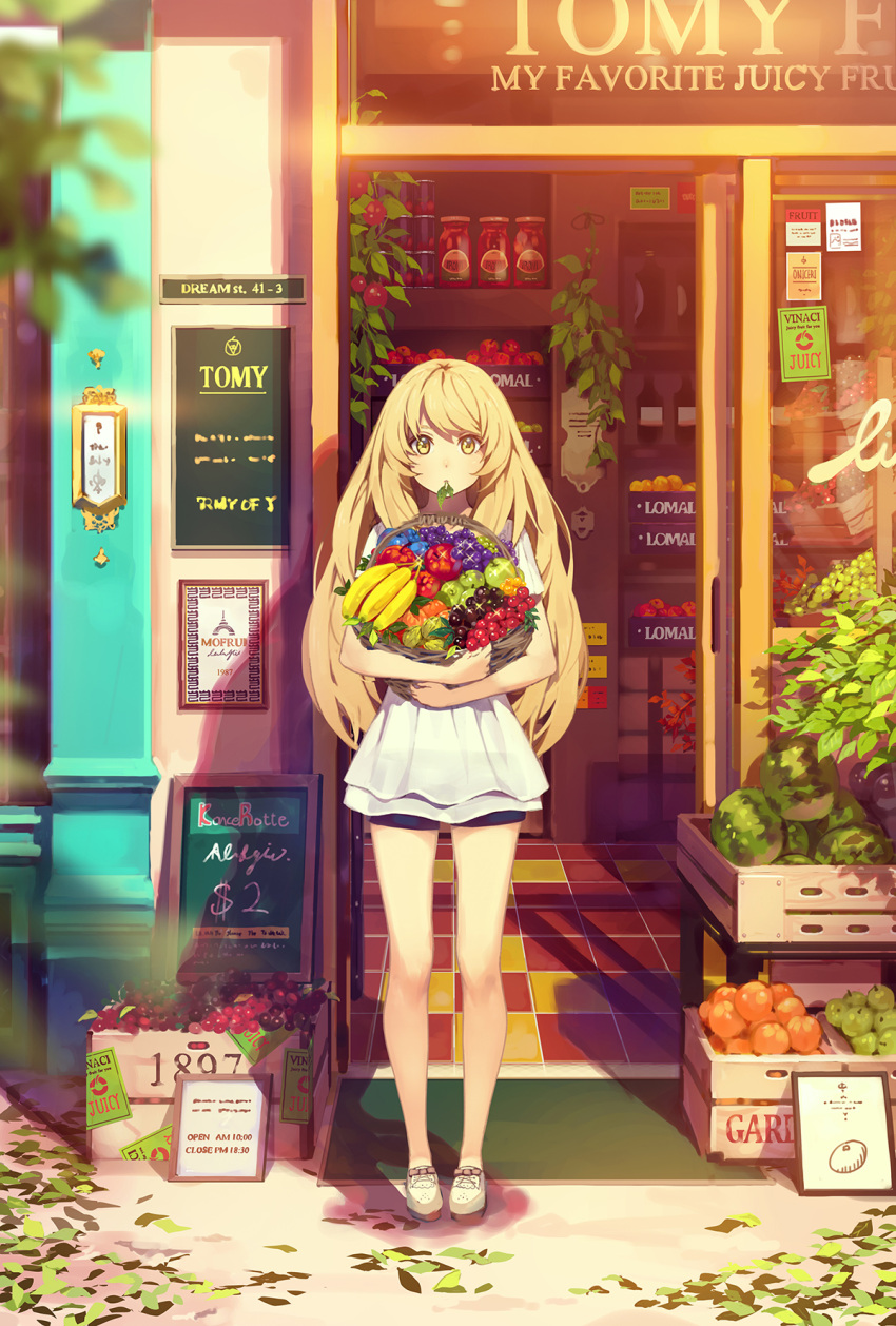 1girl apple banana bangs bare_legs basket black_shorts blonde_hair blurry bottle box can depth_of_field door english expressionless food food_request fruit glass grapes highres holding hug jam jar juice leaf legs_apart long_hair looking_at_viewer mouth_hold number open_door orange original outdoors paper plant poster_(object) potted_plant price see-through shade shadow shoes short_sleeves shorts solo sparkle standing storefront tile_floor tiles time vines watermelon white_blouse white_shoes yellow_eyes yohan12