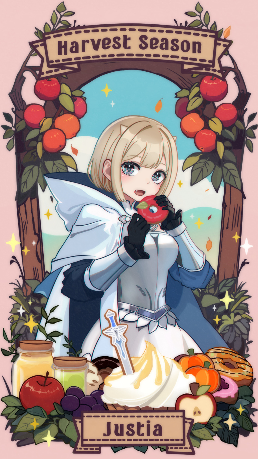 1girl apple black_gloves blonde_hair blue_eyes breasts brown_dust_2 character_name chest_armor cloak english_text falling_leaves fang feet_out_of_frame food fruit gloves grapes hair_between_eyes highres holding holding_doughnut holding_food hood hooded_cloak jar justia_(brown_dust) leaf looking_at_viewer open_mouth orange_(fruit) pie pumpkin sasamaki short_hair skirt small_breasts small_horns solo sparkle sword vambraces weapon white_cloak white_skirt