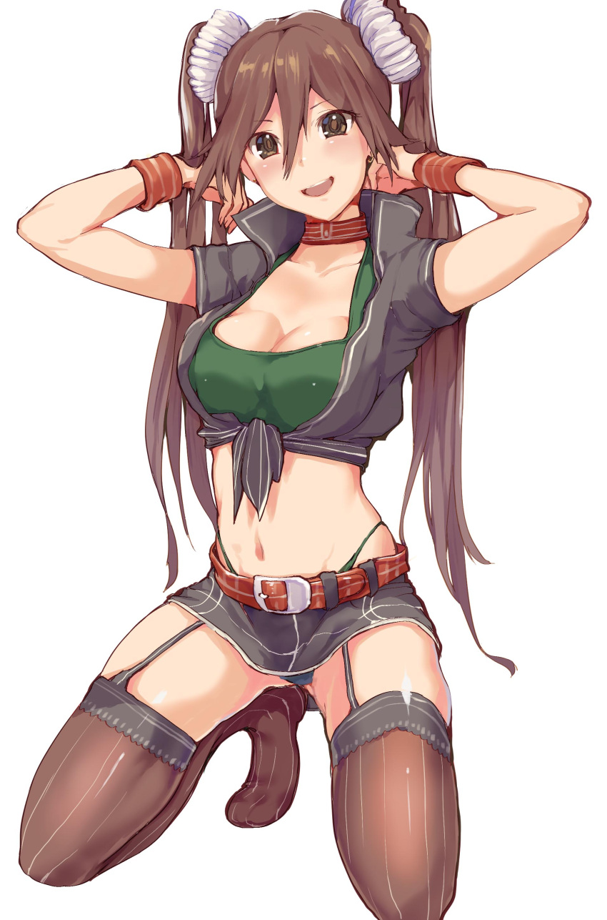 1girl :d absurdres armadillo-tokage arms_up belt black_panties blush boots breasts brown_eyes brown_hair choker cleavage crop_top front-tie_top garter_straps highres kantai_collection kneeling long_hair midriff miniskirt navel open_mouth panties shiny shiny_skin shirt simple_background skindentation skirt smile solo thigh-highs thigh_boots thong tied_shirt tone_(kantai_collection) twintails underwear white_background