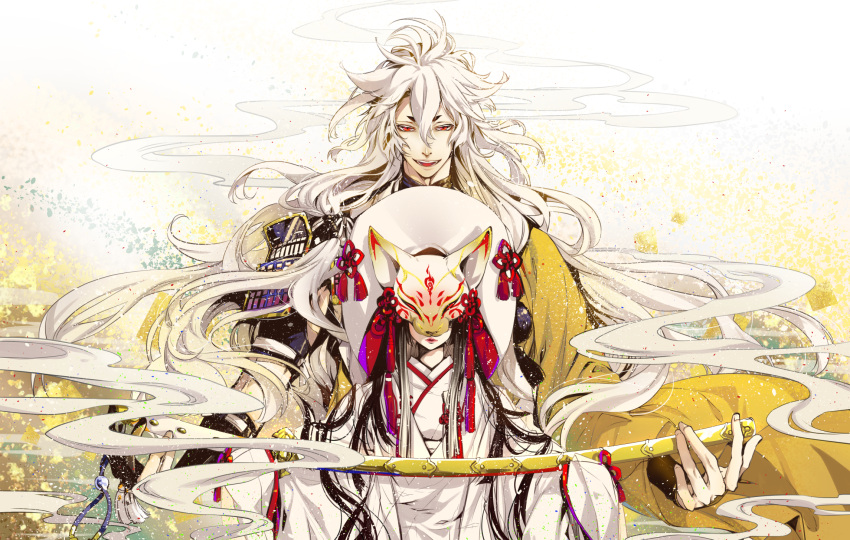 1boy 1girl armor bangs black_gloves black_hair bride closed_mouth colored_eyelashes female_saniwa_(touken_ranbu) fox_mask gloves hair_between_eyes hair_flaps haori height_difference highres holding holding_sword holding_weapon hood japanese_armor japanese_clothes kimono kingchenxi kogitsunemaru light_particles long_hair long_sleeves looking_at_viewer mask open_mouth outstretched_arm pale_skin partly_fingerless_gloves red_eyes red_lips ribbon ribbon-trimmed_gloves ribbon_trim shade sleeves_past_wrists smoke sode sword tassel touken_ranbu uchikake upper_body very_long_hair weapon white_hair white_ribbon wide_sleeves