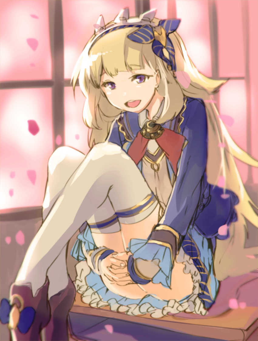1girl :d absurdres armadillo-tokage ass blonde_hair cagliostro_(granblue_fantasy) crown desk granblue_fantasy highres long_hair looking_at_viewer open_mouth petals sitting smile solo thigh-highs violet_eyes white_legwear