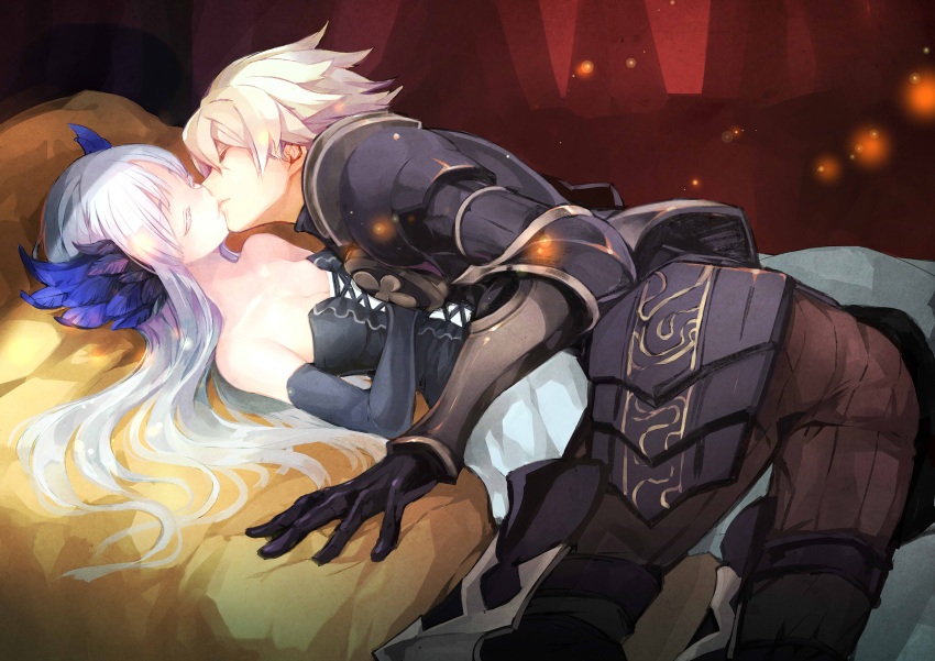 1boy 1girl armor bangs bare_shoulders bent_over black_gloves breasts cleavage closed_eyes closed_mouth colored_eyelashes cross-laced_clothes dress feathered_wings gin_(oyoyo) gloves gwendolyn head_wings hetero highres kiss light_particles long_hair lying odin_sphere on_back on_bed oswald pants pauldrons profile silver_hair strapless strapless_dress white_hair wings