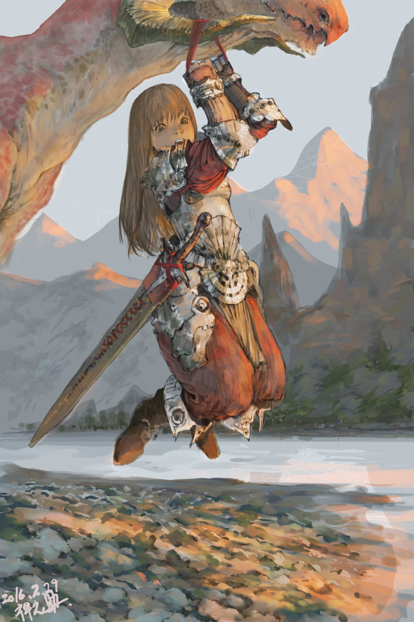 1girl absurdres arm_support armor baggy_pants blurry boots breastplate brown_hair commentary dated depth_of_field dragon fantasy fingerless_gloves gloves green_eyes height_difference highres holding horns knight looking_at_viewer looking_to_the_side mountain muted_color open_mouth original pants petite river rock scabbard scenery sheath signature sketch sky solo spaulders surprised sword water weapon you're_doing_it_wrong zennosuke